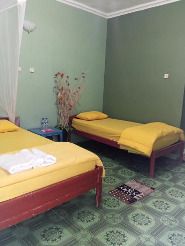 two beds in a room with green walls at Kelimutu Lodge in Kelimutu