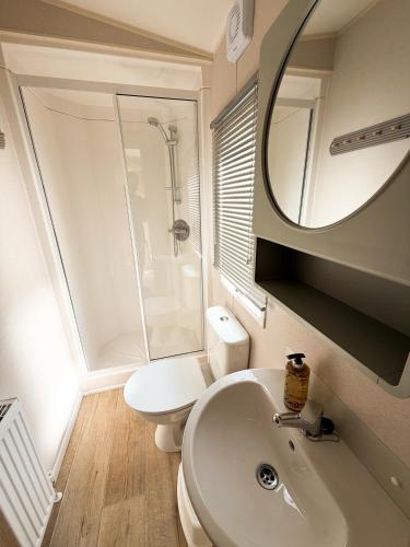 a bathroom with a toilet and a sink and a mirror at Ferienwohnung-Wiesenwinkel in Kasel-Golzig