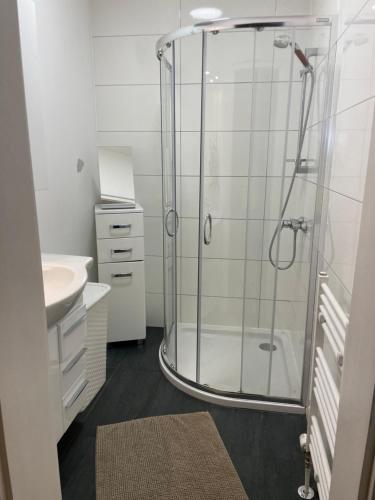 a bathroom with a shower and a sink at Haus Lisa in Kroisbach