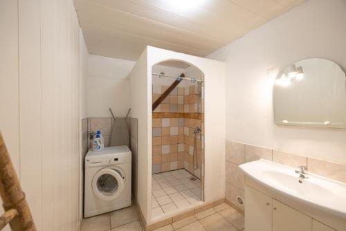 a bathroom with a washing machine and a sink at Appartement Aléria avec jardin in Aléria