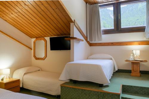a bedroom with two beds and a tv and a window at Meublè Siesle in Sauris