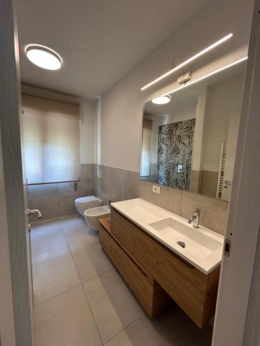 a bathroom with a sink and a toilet and a mirror at Casa vacanza Giardinolago in Sale Marasino