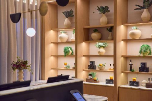 a room filled with lots of flower pots on shelves at Arlo Washington DC in Washington, D.C.