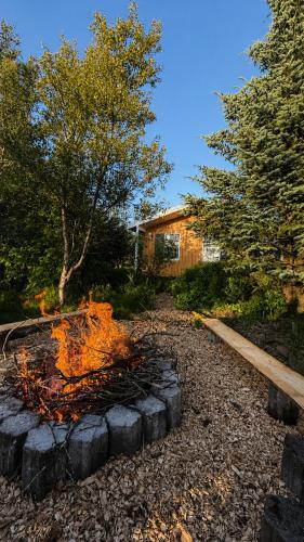 a fire pit in a yard with trees and a house at Hjartarstaðir Private Country Retreat with Hot Tub in Hagi