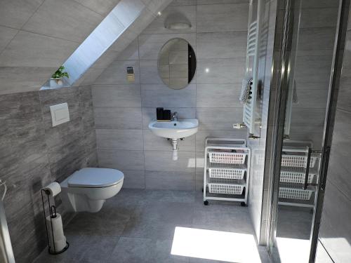 ein Badezimmer mit Waschbecken, Toilette und Spiegel in der Unterkunft Aga Mielenko Pokoje i Apartamenty in Mielenko
