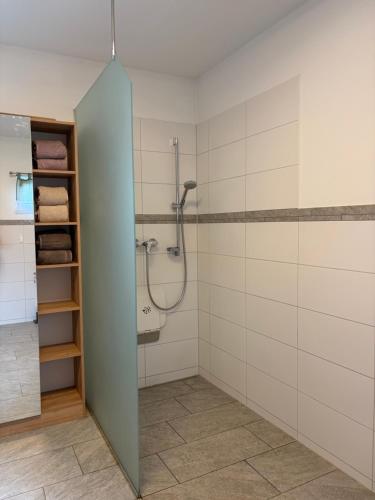 ein Badezimmer mit Dusche und Waschbecken in der Unterkunft Omas Paradies in Größing