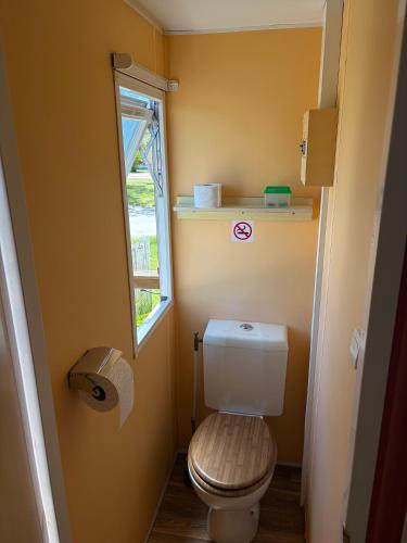 a small bathroom with a toilet and a window at Vickys Walls Bungalow in Pataias