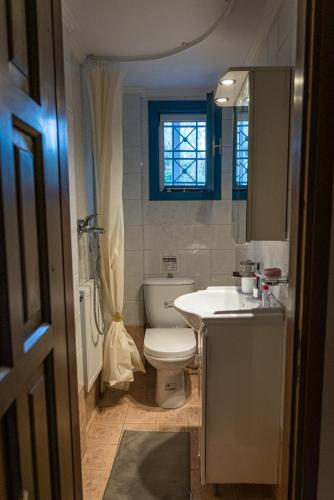 a bathroom with a toilet and a sink at Myrovolos Guesthouse in Apolpaina