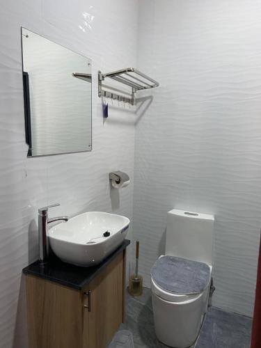 a white bathroom with a sink and a toilet at Chaniche Executive Lodge in Ndola