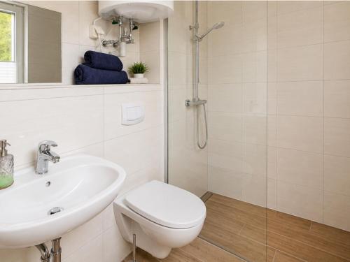 a bathroom with a toilet and a sink and a shower at Sonnendeck - Familienzeit im Wald in Dahlen