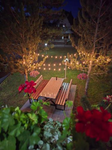 a picnic table in a garden at night with lights at Blidinje Bliss in Risovac