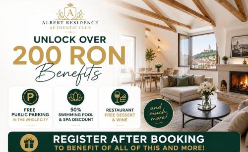 a flyer for a luxury living room with a fireplace at Albert Authentic Suites Brasov - Tampa View - Preferred Spa Rates & Exclusive Guest Benefits in Braşov
