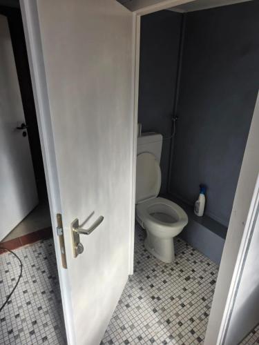 a bathroom with a toilet and a door open at Heritage Timber Stay in Wendeburg