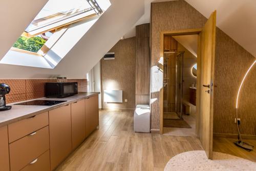 an attic kitchen with a skylight and a bathroom at Fakanalas Fogadó in Pásztó