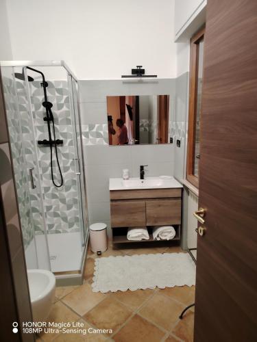 a bathroom with a sink and a shower at MARA E MONTI in Tossicia