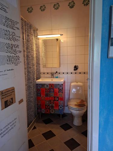 a bathroom with a toilet and a sink and a mirror at Frida in Filipstad