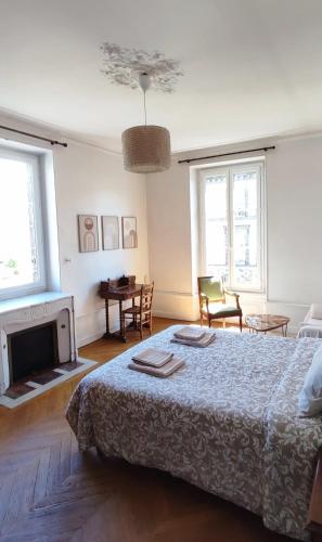 a white bedroom with a bed and a fireplace at Particulier & Pro - 4 chambres - 8 pers - Jaude avec parking privée in Clermont-Ferrand