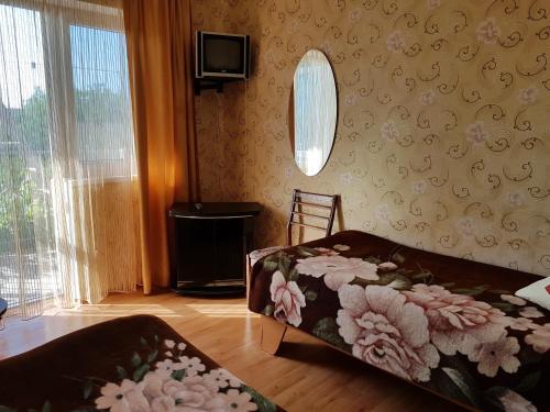 a living room with a bed and a tv at Мини отель Семейного типа. in Zatoka