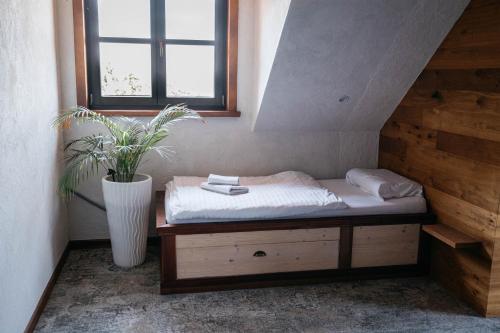 a bed in a room with a potted plant at Zidanica Pobežin in Rogaška Slatina