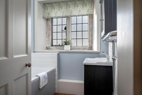 a bathroom with a sink and a window with a potted plant at Raphael Rooms in Peterborough