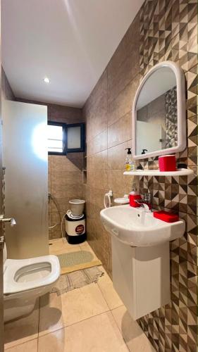 a bathroom with a toilet and a sink and a mirror at Superbe appartement Khezama in La Corniche