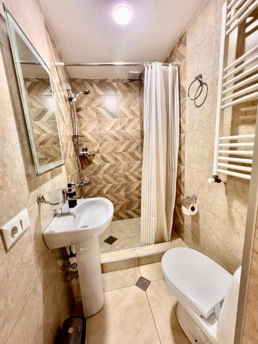 a bathroom with a toilet and a sink and a shower at Aronia Kazbegi in Kazbegi