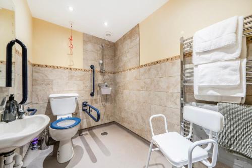 ein Badezimmer mit Toilette und Waschbecken in der Unterkunft Hay Store in Corwen