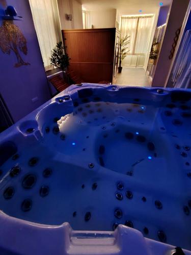 a jacuzzi tub in the middle of a room at LA BÂTISSE l'arbre beige in Le Petit-Abergement