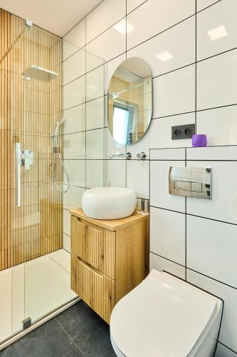 a bathroom with a toilet and a sink and a shower at Apartamenty w Żywcu u Astrid in Żywiec