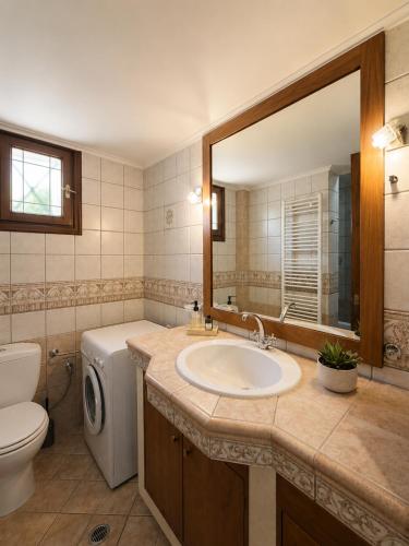 a bathroom with a sink and a toilet and a mirror at Madona Casas in Psilá Alónia