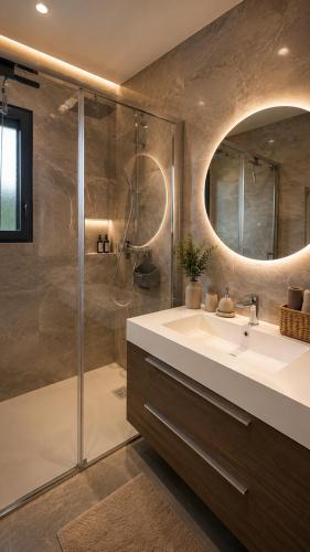a bathroom with a sink and a shower at Villas Vallée d'ASCO in Moltifao