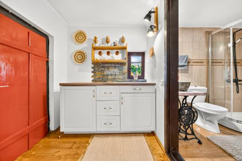 a bathroom with a white cabinet and a red door at Cabanele Sașilor in Cisnădioara