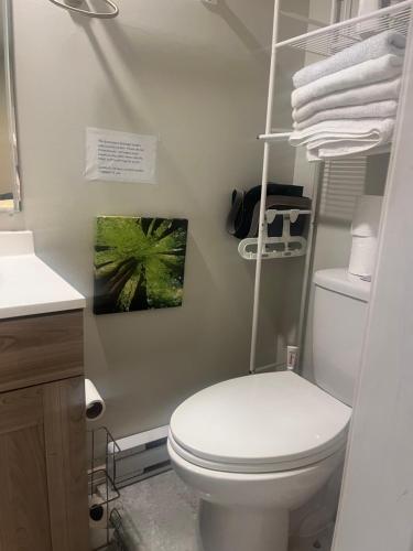 a bathroom with a white toilet and a picture on the wall at water front 2 bedroom suite in Victoria
