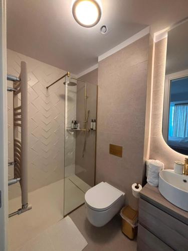 a bathroom with a shower and a toilet and a sink at VOGH Olimp Premium Sea View Escape in Olimp