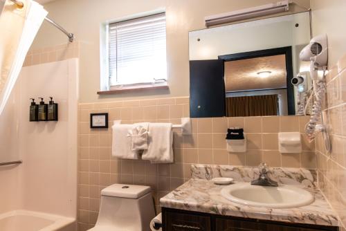 a bathroom with a sink and a toilet and a mirror at Townsend River Breeze Inn in Townsend