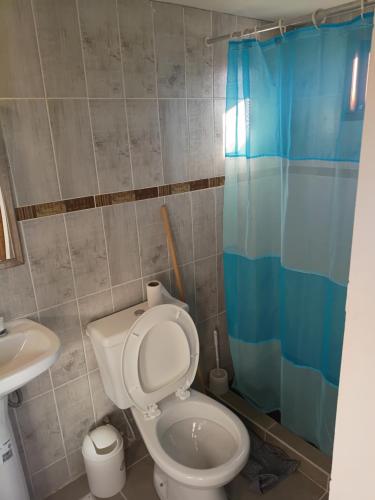 a bathroom with a toilet and a blue shower curtain at Alojamiento Adonai in Tolhuin