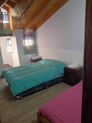 a bedroom with a green bed and a wooden ceiling at Alojamiento Adonai in Tolhuin