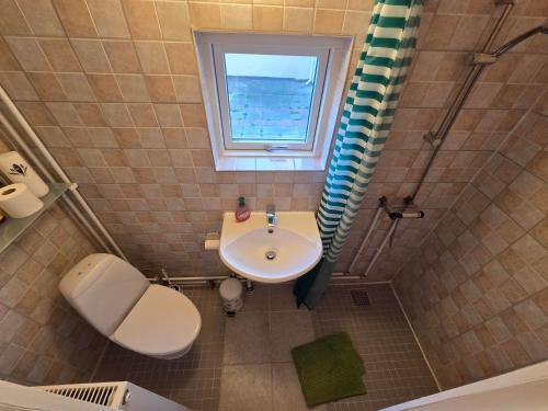 a bathroom with a sink and a toilet and a window at Holiday Hus in Rudkøbing
