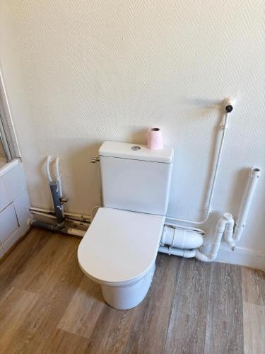 a bathroom with a toilet with a roll of toilet paper on it at Logement Angèle in Malesherbes