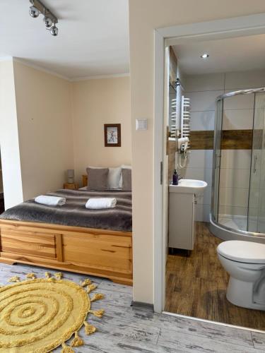 a bedroom with a bed and a shower and a toilet at Willa Wojciechówka in Kościelisko