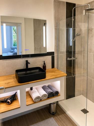 a bathroom with a sink and a shower at Brick - Loft design avec parking privé in Saint-Désir