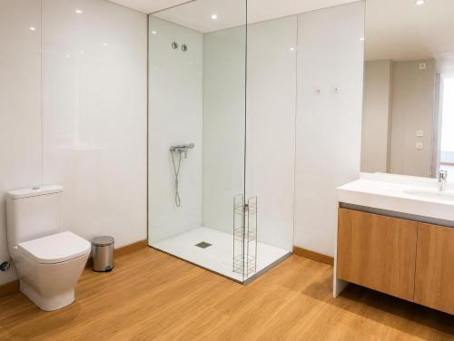 a bathroom with a shower and a toilet and a sink at Bodega Díscolo in Zamora
