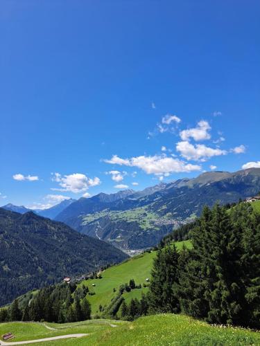 a view of a green hill with mountains in the background at Glücksmoment in Kaunerberg