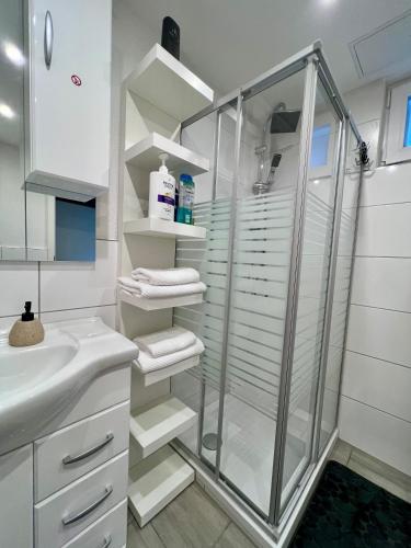 a bathroom with a shower and a sink at Apartment Marin in Bad Wildbad
