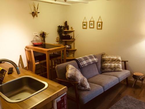 a living room with a couch and a sink at Valley View Apartment in Kambreško