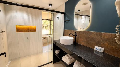 a bathroom with a sink and a mirror at Pousada Valle dos Pássaros in Penedo