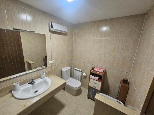 a bathroom with a sink and a toilet and a mirror at Villa Sojuela Green in Sojuela