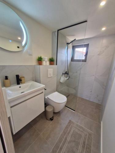 a bathroom with a toilet and a sink and a shower at 2 4 D2 Mini Condos Studio Loft West facing in Tivat