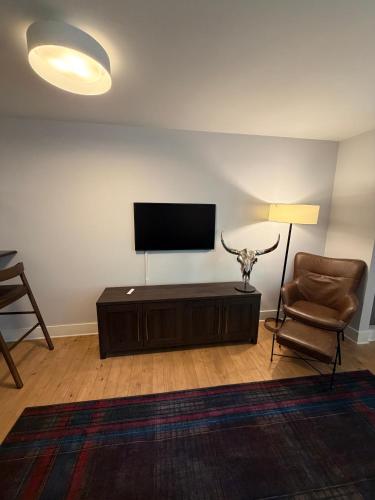 a living room with a flat screen tv and a chair at Telluride Creekside Condo 3 Min to Chair 7 in Telluride