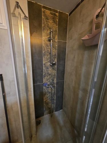 a shower in a bathroom with a wall at Daire 1 in Gazipasa